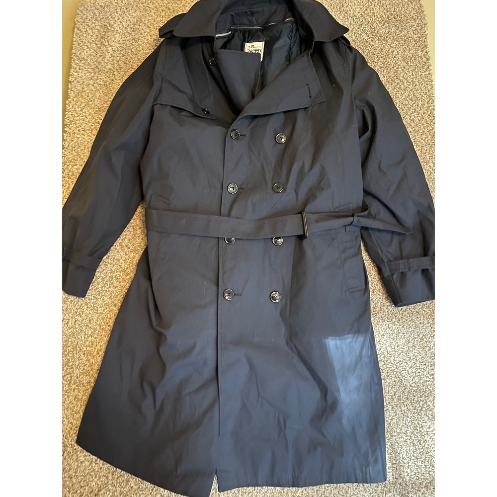 American Apparel Men All-Weather Coat 46L Black Military Trench Belted Liner